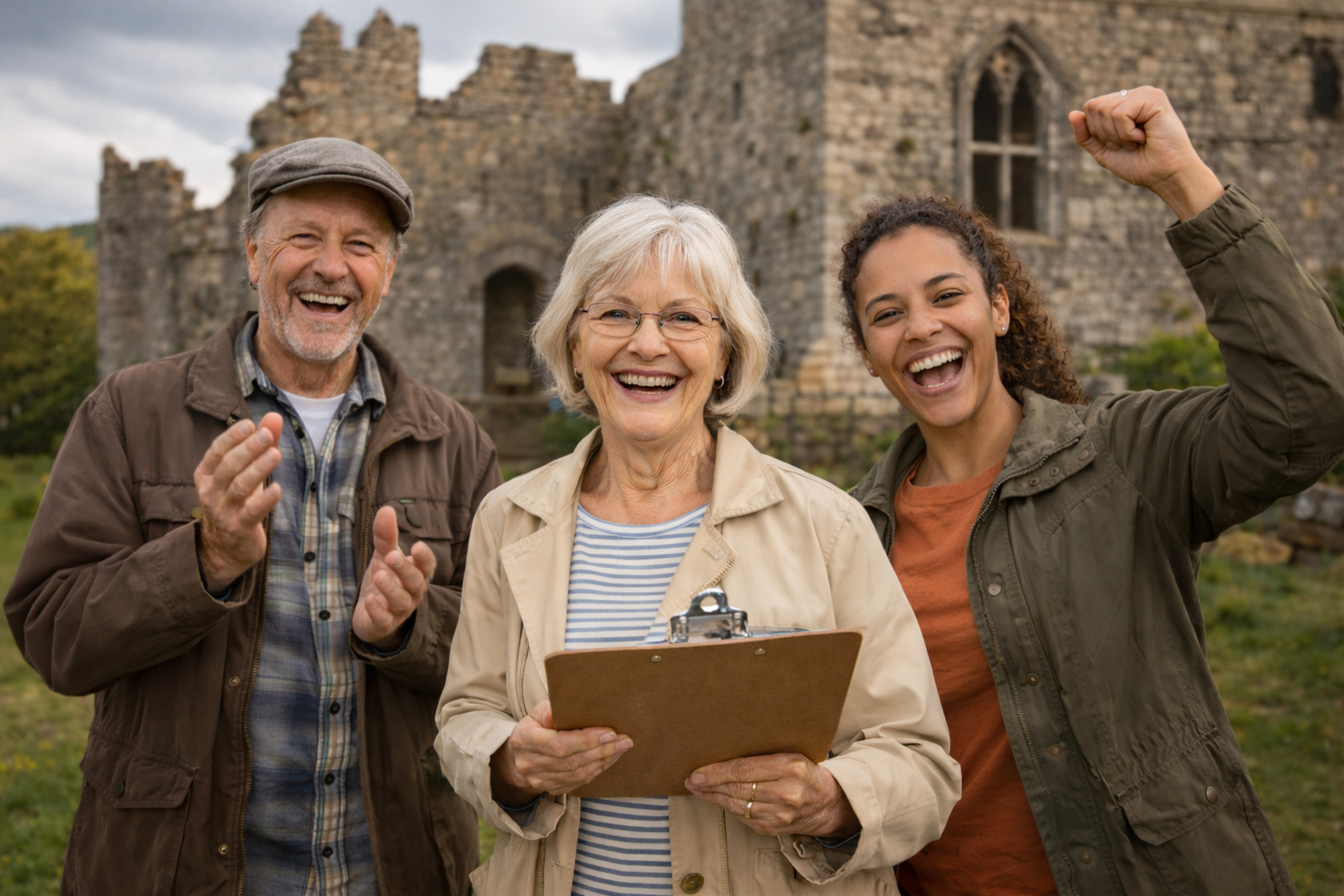 A group of community heritage volunteers outside a historic stone building